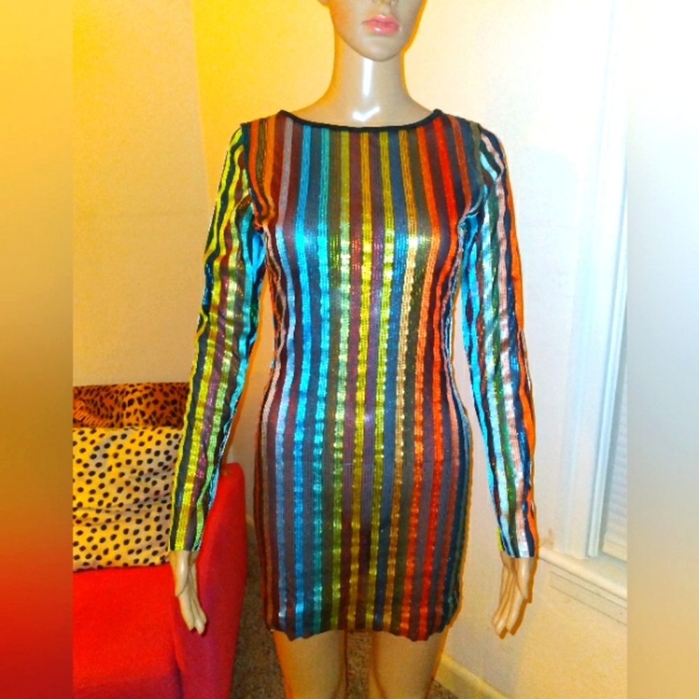 Sheer rainbow 🌈 strips sequin mini dress